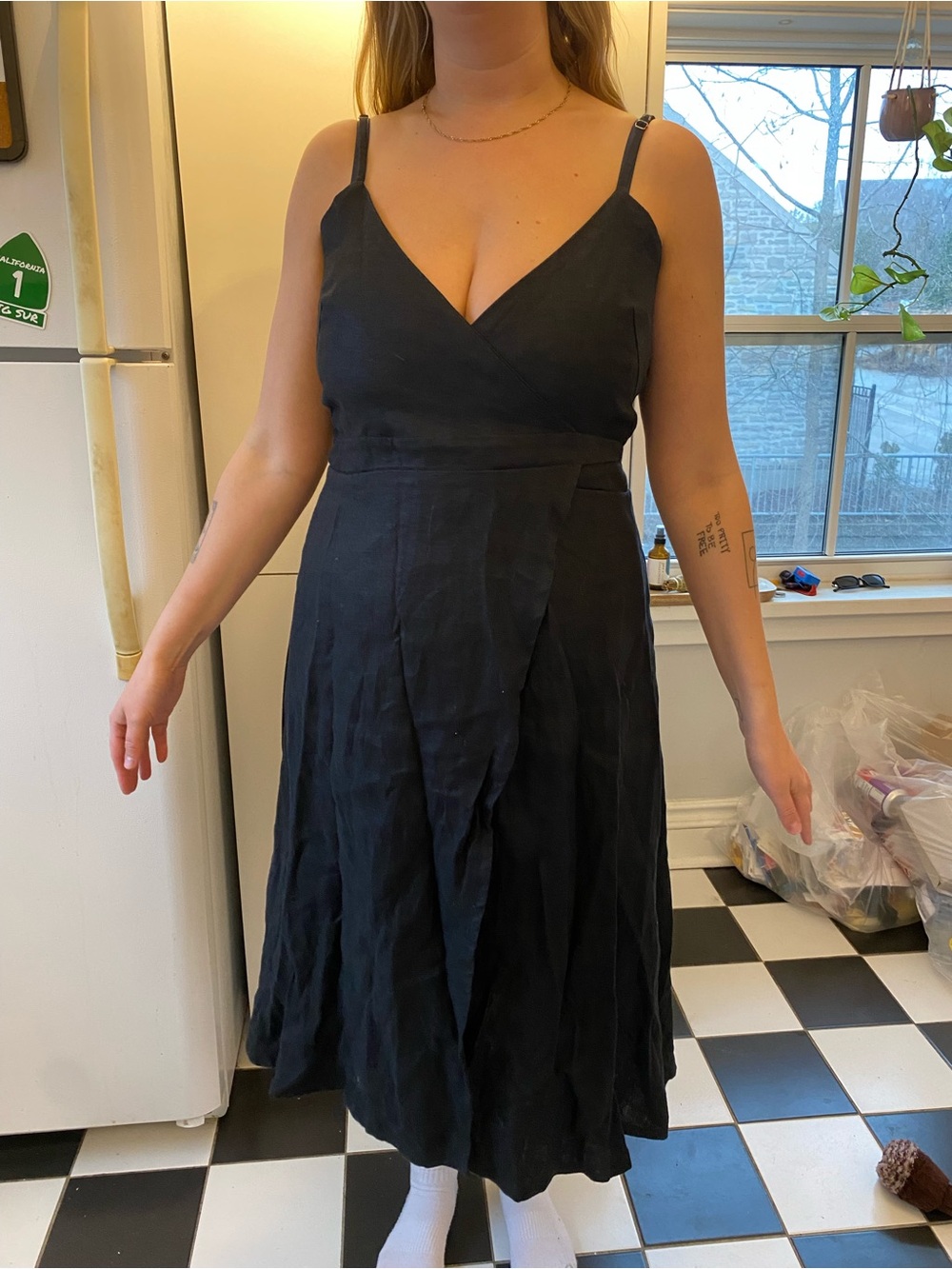 Linen Black Midi V-Neck Spaghetti Strap Dress